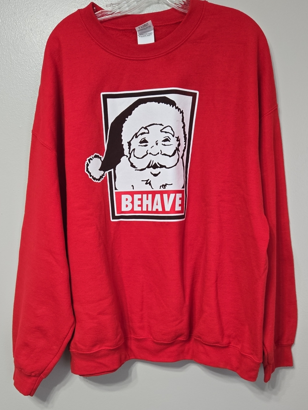 Gildan Red Crewneck Sweatshirt with 'Behave' Santa Graphic 2XL